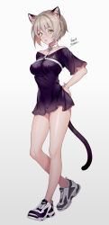 Rule 34 | 1girl, animal ears, artist name, bare legs, bare shoulders, blonde hair, bracelet, breasts, cat ears, cat girl, cat tail, collarbone, commentary request, dress, full body, grey neckwear, hair intakes, hand on own hip, highres, jewelry, medium breasts, midori foo, off-shoulder dress, off shoulder, original, parted lips, purple dress, shoes, short dress, short hair, short sleeves, sneakers, tail, yellow eyes
