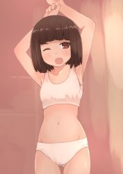 1girl ;o akemiho_tabi_nikki armpits arms_up bad_id bad_pixiv_id blush bra brown_eyes brown_hair collarbone female_focus fukube_tamaki groin kouno_hikaru navel one_eye_closed open_mouth original panties short_hair solo underwear underwear_only white_bra white_panties wink