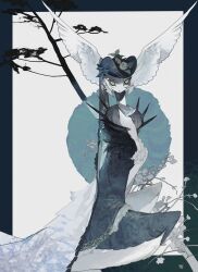 Rule 34 | abstract background, black hat, blue bow, blue dress, bow, creature, dress, feathered wings, green eyes, hat, head wings, highres, kamikiririp, looking at viewer, original, solo, tree, white wings, wings