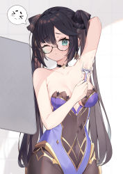 Rule 34 | &gt; &lt;, 1girl, ;&lt;, aqua eyes, arm behind head, arm up, armpit crease, armpits, asymmetrical bangs, bare arms, bare shoulders, bespectacled, black-framed eyewear, black choker, black hair, black pantyhose, black ribbon, blue leotard, blush, bodystocking, bodysuit, bodysuit under clothes, breasts, choker, cleavage, closed mouth, collarbone, earrings, eyebrows hidden by hair, eyes visible through hair, foam, genshin impact, glasses, gold trim, groin, hair between eyes, hair ribbon, hand up, highres, indoors, jewelry, leotard, long hair, looking at viewer, medium breasts, mona (genshin impact), neck, necklace, no headwear, one eye closed, pantyhose, raised eyebrows, razor, ribbon, round eyewear, semi-rimless eyewear, shade, shaving, shaving armpit, shaving cream, single earring, solo, speech bubble, spoken expression, standing, strapless, strapless leotard, tears, twintails, upper body, very long hair, yuia