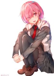 Rule 34 | 1girl, :d, black pantyhose, breasts, brown footwear, eyes visible through hair, fate/grand order, fate (series), hair over one eye, highres, knees to chest, legs together, mash kyrielight, necktie, open mouth, pantyhose, pink hair, purple eyes, short hair, sitting, smile, solo, squatting, supera