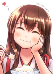 Rule 34 | 10s, 1girl, :t, ^ ^, akagi (kancolle), brown hair, closed eyes, dessert, eating, closed eyes, food, foodgasm, heart, japanese clothes, kantai collection, long hair, n@ss, simple background, solo, spoon, twitter username, upper body, wavy mouth