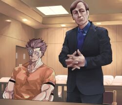 Rule 34 | 2boys, absurdres, arm tattoo, better call saul, black suit, blue necktie, blue shirt, breaking bad, brown eyes, brown hair, ceiling light, collared shirt, courtroom, crossover, dakaeya, extra arms, extra eyes, facial tattoo, formal, grey eyes, highres, indoors, jujutsu kaisen, male focus, multiple boys, necktie, orange shirt, prison clothes, ryoumen sukuna (jujutsu kaisen), ryoumen sukuna (true form) (jujutsu kaisen), saul goodman, shirt, short hair, spiked hair, suit, tattoo