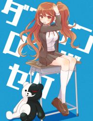 Rule 34 | 1girl, blue background, blush, breasts, brown eyes, brown hair, brown jacket, brown skirt, commentary request, danganronpa, danganronpa/zero, danganronpa (series), desk, dress shirt, full body, grey shirt, hair tie in mouth, hand up, jacket, kneehighs, koikeya (keroro7), large breasts, loafers, long hair, long sleeves, looking at viewer, monokuma, mouth hold, neck ribbon, open clothes, open jacket, otonashi ryouko, pleated skirt, red ribbon, ribbon, school desk, school uniform, shirt, shoes, simple background, sitting, skirt, smile, socks, solo, translation request, tying hair, white socks