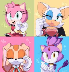Rule 34 | 4girls, amy rose, animal ears, bad id, bad twitter id, bat ears, bat girl, bat wings, blaze the cat, blue eyeshadow, blue ribbon, cat ears, cat girl, cat tail, closed eyes, cream the rabbit, dress, eyelashes, eyeshadow, forehead jewel, fur-trimmed gloves, fur trim, furry, furry female, gloves, gold necklace, green eyes, heart, highres, jewelry, makeup, multiple girls, necklace, one eye closed, pink fur, purple fur, rabbit ears, rabbit girl, red dress, ribbon, rouge the bat, smile, sonic (series), steffybs, tail, white fur, white gloves, wings, yellow eyes