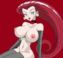 Rule 34 | 1girl, breasts, collar, creatures (company), curvy, detached sleeves, earrings, female focus, game freak, gloves, huge breasts, jessie (pokemon), jewelry, lipstick, long hair, lowres, makeup, naughty face, nintendo, nipples, nude, pokemon, red hair, simple background, solo, team rocket, thighhighs, very long hair