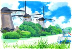 Rule 34 | blue sky, boat, cloud, cloudy sky, day, grass, highres, no humans, original, outdoors, painting (medium), sawitou mizuki, sky, traditional media, watercraft, windmill