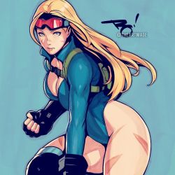Rule 34 | 1girl, alternate hairstyle, backpack, bag, black gloves, blonde hair, blue eyes, blue leotard, bodypaint, breasts, cammy white, cleavage, clenched hand, commentary, english commentary, facial scar, gloves, goggles, goggles on head, hair down, highleg, highleg leotard, knee pads, large breasts, leotard, long hair, official alternate costume, plunging neckline, popped collar, scar, scar on cheek, scar on face, signature, solo, street fighter, street fighter v, the art mage, thong leotard, twitter username, vambraces, wide hips