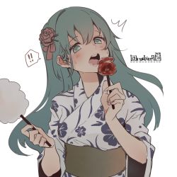 Rule 34 | !, !!, 1girl, aqua eyes, aqua hair, blush, breasts, candy apple, cotton candy, dated, floral print, food, hair ornament, highres, holding, holding food, japanese clothes, kantai collection, kimono, long hair, obi, one-hour drawing challenge, open mouth, ruohire9, sash, simple background, solo, spoken exclamation mark, suzuya (kancolle), sweat, twitter username, upper body, white background, white kimono, wide sleeves, yukata