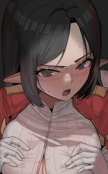 Rule 34 | 1girl, absurdres, adele (maplestory), black hair, blush, breasts, film grain, gloves, grey background, grey eyes, hair intakes, hands on own breasts, highres, implied paizuri, korean commentary, large breasts, looking at viewer, maplestory, no pupils, nose blush, open mouth, orangewink, pointy ears, short hair, solo, teeth, v-shaped eyebrows, white gloves