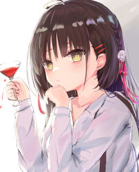 Rule 34 | 1girl, absurdres, black hair, blunt bangs, blush, braid, bright pupils, cafe stella to shinigami no chou, collarbone, commentary request, cup, drink, earrings, eyelashes, flower, frown, furrowed brow, hair flower, hair ornament, hair ribbon, hairclip, hand on own chin, hands up, head tilt, highres, holding, holding cup, jewelry, long hair, lshiki, mole, mole under eye, piercing, red ribbon, ribbon, rose, shiki natsume, shirt, side braid, simple background, solo, straight hair, stud earrings, suspenders, white background, white flower, white rose, white shirt, yellow eyes, yuzu-soft