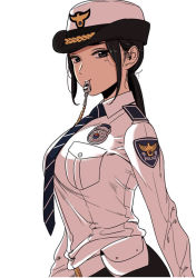 Rule 34 | 1girl, belt, belt pouch, black eyes, black hair, black skirt, blue necktie, closed mouth, dress shirt, emblem, english text, female service cap, from side, hat, highres, long hair, looking at viewer, mouth hold, necktie, original, police, police uniform, policewoman, ponytail, pouch, pyojunbe, shirt, sidelocks, simple background, skirt, solo, standing, striped necktie, striped neckwear, uniform, upper body, whistle, white background, white belt, white hat, white shirt, wing collar