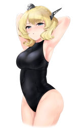 Rule 34 | 1girl, armpits, arms behind head, black leotard, black one-piece swimsuit, blonde hair, blue eyes, braid, breasts, colorado (kancolle), cowboy shot, heattech leotard, highres, kantai collection, large breasts, leotard, looking at viewer, noba (ne83ko61), one-piece swimsuit, short hair, side braids, simple background, solo, swimsuit, turtleneck, white background