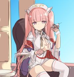 Rule 34 | 1girl, absurdres, armchair, azur lane, breasts, chair, closed mouth, commentary, english commentary, gloves, hair ornament, hairclip, hand up, hat, highres, holding, holding syringe, klaius, large breasts, long hair, long sleeves, looking at viewer, official alternate costume, perseus (azur lane), perseus (unfamiliar duties) (azur lane), pink eyes, pink gloves, pink hair, sitting, sketch, solo, syringe, thighhighs, twintails, white hat, white thighhighs, wide sleeves