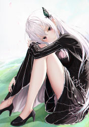 Rule 34 | 1girl, absurdres, bare legs, black capelet, black dress, blush, breasts, butterfly hair ornament, capelet, closed mouth, colored eyelashes, commentary request, dress, echidna (re:zero), eichi (skskdi12z), from side, grey hair, hair between eyes, hair ornament, head tilt, high heels, highres, long hair, long sleeves, looking at viewer, medium breasts, purple eyes, re:zero kara hajimeru isekai seikatsu, ribbon-trimmed clothes, ribbon-trimmed sleeves, ribbon trim, shoes, sitting, smile, solo, striped clothes, striped dress, thighs