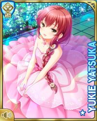 Rule 34 | 1girl, bare arms, bare shoulders, bow, braid, breasts, brown eyes, card (medium), day, dress, forest, girlfriend (kari), hair ornament, hair ribbon, hair tie, long hair, looking at viewer, nature, official art, open mouth, outdoors, pink bow, pink dress, qp:flapper, red hair, ribbon, small breasts, smile, solo, standing, twin braids, twintails, wedding dress, yatsuka yukie