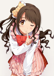 Rule 34 | 10s, 1girl, apron, bent over, blush, bow, brown eyes, brown hair, commentary request, finger to mouth, idolmaster, idolmaster cinderella girls, long hair, long sleeves, maid apron, ogipote, one eye closed, one side up, shimamura uzuki, shirt, shushing, skirt, smile, solo, very long hair, wavy hair