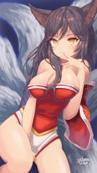 Rule 34 | 1girl, ahri (league of legends), animal ears, black hair, breasts, facial mark, fox ears, fox tail, highres, korean clothes, large breasts, league of legends, low neckline, multiple tails, solo, tail, whisker markings, yellow eyes, z - chcrghan