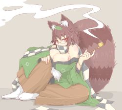 Rule 34 | 1girl, animal ears, bare shoulders, breasts, brown hair, checkered clothes, checkered scarf, cleavage, cube85, full body, futatsuiwa mamizou, glasses, japanese clothes, kiseru, large breasts, leaf, leaf on head, long sleeves, looking at viewer, off shoulder, pants, raccoon ears, raccoon tail, red-framed eyewear, red eyes, scarf, short hair, sitting, smile, smoke, smoking pipe, socks, solo, tail, touhou, white socks, wide sleeves