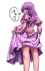 Rule 34 | 1girl, clothes lift, commentary request, dress, dress lift, feet out of frame, from behind, highres, lifted by self, long hair, long sleeves, looking at viewer, looking back, momongaso (twitter artist), no headwear, open mouth, patchouli knowledge, purple dress, purple eyes, purple hair, simple background, solo, speech bubble, standing, striped clothes, striped dress, touhou, translation request, vertical-striped clothes, vertical-striped dress, white background