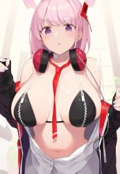 Rule 34 | 1girl, bandaid, bandaid on shoulder, bare shoulders, between breasts, bikini, black bikini, blue archive, blush, breasts, cleavage, eimi (blue archive), enosan, halo, headphones, headphones around neck, highres, large breasts, looking at viewer, navel, necktie, necktie between breasts, neckwear between breasts, open mouth, pink hair, purple eyes, solo, swimsuit, zipper, zipper pull tab