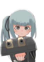 Rule 34 | 1girl, adapted turret, aiming, aiming at viewer, brown eyes, cannon, commentary request, female focus, grey hair, highres, kantai collection, kasumi (kancolle), long hair, looking at viewer, negative space, simple background, solo, toplow, turret, upper body, white background