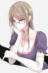 Rule 34 | 1girl, akiyama cz4a, alternate hair color, bespectacled, blush, breast rest, breasts, brown hair, choker, cleavage, collarbone, dress, earrings, elbow gloves, eyes visible through hair, gap (touhou), glasses, gloves, grey background, hand on own cheek, hand on own face, highres, jewelry, long hair, looking at viewer, medium breasts, mole, mole under eye, no headwear, no headwear, puffy short sleeves, puffy sleeves, purple dress, purple eyes, red-framed eyewear, ribbon choker, semi-rimless eyewear, short sleeves, simple background, smile, solo, stud earrings, touhou, under-rim eyewear, upper body, white gloves, yakumo yukari
