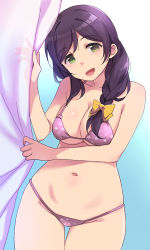 Rule 34 | 1girl, :d, bikini, blue background, bow, braid, breasts, cleavage, cowboy shot, curtains, duke (inu daimyou), gradient background, green eyes, hair bow, hair over shoulder, large breasts, long hair, looking at viewer, love live!, love live! school idol project, lowleg, lowleg bikini, navel, open mouth, print bikini, purple bikini, purple hair, shiny skin, single braid, smile, solo, swimsuit, thigh gap, tojo nozomi, yellow bow
