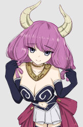 Rule 34 | 1girl, aura (sousou no frieren), bare shoulders, black corset, black gloves, blue eyes, braid, breasts, cleavage, clothing cutout, corset, demon girl, demon horns, elbow gloves, gloves, gold necklace, grey background, hair between eyes, highres, horns, jewelry, large breasts, long hair, low-braided long hair, low-tied long hair, multiple braids, navel, navel cutout, necklace, pleated skirt, simple background, skirt, smile, sousou no frieren, takappe, thighs, twin braids, white skirt