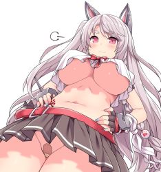 Rule 34 | 1girl, :3, puff of air, amane hasuhito, animal ears, azur lane, bandaid, bandaid on pussy, belt, belt buckle, black skirt, blush, bow, braid, breasts, buckle, commentary request, cowboy shot, crop top, crop top overhang, eyebrows, fingerless gloves, from below, gloves, hands on own hips, large breasts, long hair, looking at viewer, mechanical ears, microskirt, multicolored nails, nail polish, navel, no bra, no panties, paw print, paw tattoo, pleated skirt, purple eyes, red belt, red gloves, short eyebrows, side braid, silver hair, simple background, skirt, slit pupils, solo, standing, tattoo, thick eyebrows, underboob, upskirt, white background, wolf ears, wolf girl, yuudachi (azur lane)