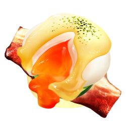 bacon commentary egg_yolk eggs_benedict food food_focus meat no_humans original realistic short208 simple_background transparent_background