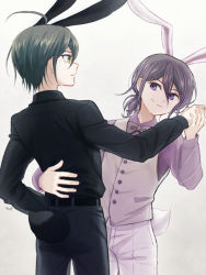 Rule 34 | 2boys, ahoge, alternate costume, animal ears, belt, black belt, black hair, black shirt, bow, bowtie, brown hair, collared shirt, danganronpa (series), danganronpa v3: killing harmony, eye contact, fake animal ears, from behind, grey background, grey bow, grey bowtie, grey vest, hair between eyes, hand up, holding hands, long sleeves, looking at another, male focus, mkzoxs, multiple boys, oma kokichi, pants, parted lips, ponytail, purple eyes, purple shirt, rabbit ears, rabbit tail, saihara shuichi, shirt, simple background, smile, tail, vest, white pants, yaoi