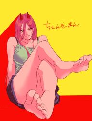 Rule 34 | 1girl, barefoot, breasts, camisole, chainsaw man, cross-shaped pupils, drgryu750, feet, green camisole, hair between eyes, highres, horns, long hair, looking at viewer, pink hair, power (chainsaw man), red eyes, red horns, small breasts, solo, symbol-shaped pupils, two-tone background