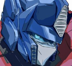 Rule 34 | autobot, blue eyes, close-up, highres, looking at viewer, mecha, mecha focus, no humans, optimus prime, portrait, robot, science fiction, sketch, solo, tanaki bouei, transformers, white background