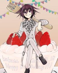 Rule 34 | 1boy, black footwear, cake, checkered clothes, checkered scarf, commentary request, danganronpa (series), danganronpa v3: killing harmony, dated, food, fork, fruit, full body, grey jacket, grin, hair between eyes, happy birthday, highres, jacket, kitsunebi v3kokonn, long sleeves, looking at viewer, male focus, mini person, miniboy, oma kokichi, over shoulder, pants, purple eyes, purple hair, scarf, short hair, sitting, smile, solo, strawberry