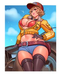 Rule 34 | 1girl, absurdres, baseball cap, belt, bikini, black thighhighs, blonde hair, breasts, car, cidney aurum, cleavage, cloud, cropped jacket, denim, denim shorts, female focus, final fantasy, final fantasy xv, gloves, goggles, goggles around neck, green eyes, hat, highres, jacket, jeans, looking at viewer, motor vehicle, navel, open clothes, open jacket, pants, ravenousruss, short hair, shorts, sky, solo, standing, star (sky), swimsuit, thighhighs, zipper