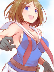 Rule 34 | 10s, 1girl, :d, belt, black gloves, blue eyes, breasts, brown hair, cleavage, collarbone, gloves, hair ornament, hairclip, kantai collection, maya (kancolle), no bra, open mouth, primary stage, school uniform, serafuku, short hair, sleeveless, smile, solo