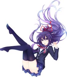 Rule 34 | 10s, 1girl, black thighhighs, blazer, blue thighhighs, date a live, highres, jacket, long hair, looking at viewer, no shoes, open mouth, pleated skirt, purple eyes, purple hair, school uniform, skirt, solo, thighhighs, tsunako, white background, yatogami tooka