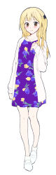 Rule 34 | 1girl, alternate hair length, alternate hairstyle, blonde hair, blush, brown eyes, cardigan, closed mouth, dress, full body, haikyuu!!, hand up, jewelry, light smile, long hair, looking at viewer, namo, necklace, one side up, open cardigan, open clothes, purple dress, short dress, sidelocks, simple background, smile, solo, standing, white background, yachi hitoka