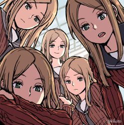 Rule 34 | 5girls, brown hair, ceiling, clone, closed mouth, covered mouth, dutch angle, flat chest, frown, furrowed brow, green eyes, hand up, highres, konami kirie, long hair, long sleeves, looking at viewer, multiple girls, necktie, open mouth, otsuzaka, school uniform, serafuku, smile, sweater, world trigger