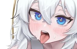 Rule 34 | 1girl, absurdres, blue eyes, blush, girls&#039; frontline, hair between eyes, highres, long hair, looking at viewer, ribear 9864, ribeyrolles (girls&#039; frontline), saliva, solo, sweatdrop, teeth, tongue, tongue out, upper teeth only, white background, white hair