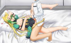 Rule 34 | 1boy, 1girl, ahoge, animal ears, atalanta (fate), blonde hair, blush, breasts, cat ears, cat tail, clothed sex, cum, cum in pussy, fate/apocrypha, fate/grand order, fate (series), fujimaru ritsuka (male), green eyes, green hair, heart, hetero, highres, holding hands, interlocked fingers, long hair, lying, multicolored hair, nipples, on back, sex, small breasts, solo focus, spoken heart, tail, vaginal