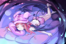 Rule 34 | 1girl, ass, bed, demon tail, duel monster, from behind, ghostrick socuteboss, ghostrick succubus, hat, heart, long hair, lying, one eye closed, petite, pointy ears, red eyes, red hair, sleepy, solo, sukumo (kemutai), tail, tattoo, wings, wink, yu-gi-oh!