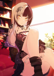 Rule 34 | 1girl, :o, absurdres, bare legs, black hair, black socks, bookshelf, breasts, chest belt, cleavage, hair ornament, highres, hololive, hololive english, indoors, jacket, jewelry, jiang ye kiri, large breasts, long hair, looking at viewer, multicolored hair, off shoulder, parted lips, ring, shiori novella, shiori novella (1st costume), sitting, socks, solo, split-color hair, thighs, two-tone hair, virtual youtuber, white hair, window, yellow eyes, yorick (shiori novella)