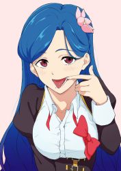 Rule 34 | 1girl, :d, blue hair, bow, bowtie, braid, brown jacket, collared shirt, copyright request, flower, hair flower, hair ornament, highres, jacket, juliet sleeves, long hair, long sleeves, looking at viewer, mole, mole under mouth, open mouth, osame, pink background, pink flower, puffy sleeves, red bow, red eyes, red neckwear, sanpaku, shirt, simple background, smile, solo, tongue, tongue out, undone bowtie, upper body, white shirt, wing collar