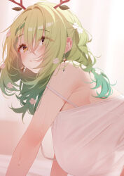 Rule 34 | 1girl, alternate costume, armpit crease, bare shoulders, blush, braid, braided bangs, breasts, camisole, ceres fauna, closed mouth, commentary, deyui, earrings, flower, from side, green hair, hair branch, hair flower, hair ornament, hanging breasts, highres, hololive, hololive english, indoors, jewelry, large breasts, looking at viewer, medium hair, mole, mole under eye, see-through silhouette, solo, strap slip, sweat, virtual youtuber, white camisole, yellow eyes