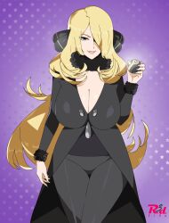 Rule 34 | 1girl, black coat, black pants, black shirt, blonde hair, breasts, cleavage, coat, creatures (company), cynthia (pokemon), fur-trimmed sleeves, fur collar, fur trim, game freak, grey eyes, grin, hair ornament, hair over one eye, hand up, highres, holding, holding poke ball, large breasts, lips, long hair, looking at viewer, luxury ball, nintendo, pants, parted lips, poke ball, pokemon, pokemon dppt, purple background, r3dfive, shirt, smile, solo, star (symbol), starry background, very long hair