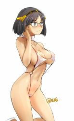 Rule 34 | 10s, 1girl, bare shoulders, black eyes, black hair, blush, breasts, choker, cleavage, ez6, female focus, glasses, green-framed eyewear, headgear, kantai collection, kirishima (kancolle), kneeling, large breasts, navel, nipples, one-piece swimsuit, see-through, short hair, simple background, slingshot swimsuit, solo, swimsuit, twitter username, white one-piece swimsuit
