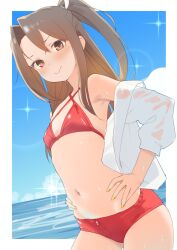 Rule 34 | 1girl, alternate costume, bikini, blush, border, breasts, brown eyes, brown hair, closed mouth, cloud, commentary request, cowboy shot, criss-cross halter, day, forehead, hair ribbon, halterneck, hands on own hips, high ponytail, highres, kantai collection, lens flare, long hair, long sleeves, looking at viewer, nail polish, navel, ocean, open clothes, open shirt, outdoors, outside border, red bikini, ribbon, sakieko, shirt, sidelocks, sky, small breasts, smile, solo, standing, stomach, swimsuit, wet, wet clothes, wet shirt, white border, white ribbon, white shirt, yellow nails, zuihou (kancolle)