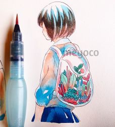 Rule 34 | 1girl, art tools in frame, artist name, backpack, bad id, bad instagram id, bag, blue skirt, blue sweater, facing away, leaf, meyoco, multicolored clothes, multicolored sweater, original, photo (medium), pink sweater, plant, pleated skirt, short hair, simple background, skirt, solo, sweater, traditional media, transparent, white background